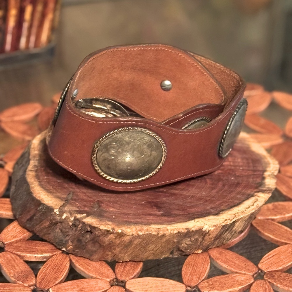 Vintage Moroccan Brown Leather Belt with Silver Large Concho Boho Accents 28.5" - Picture 2 of 16